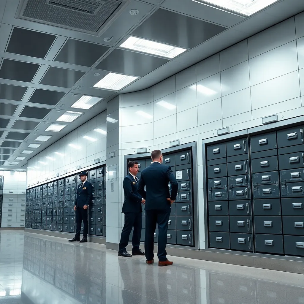 Modern vault facility interior with safety deposit boxes and security personnel