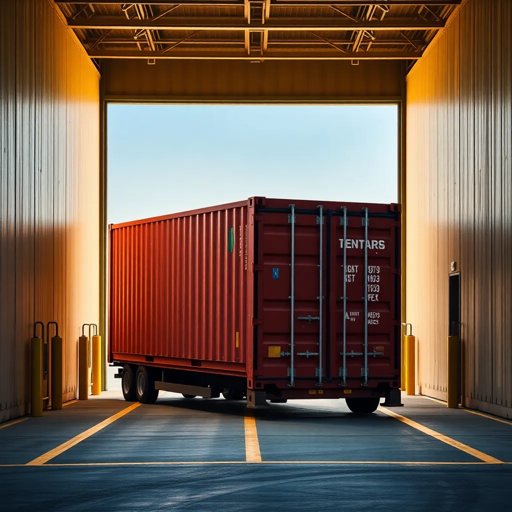 International shipping container being loaded at a secure facility