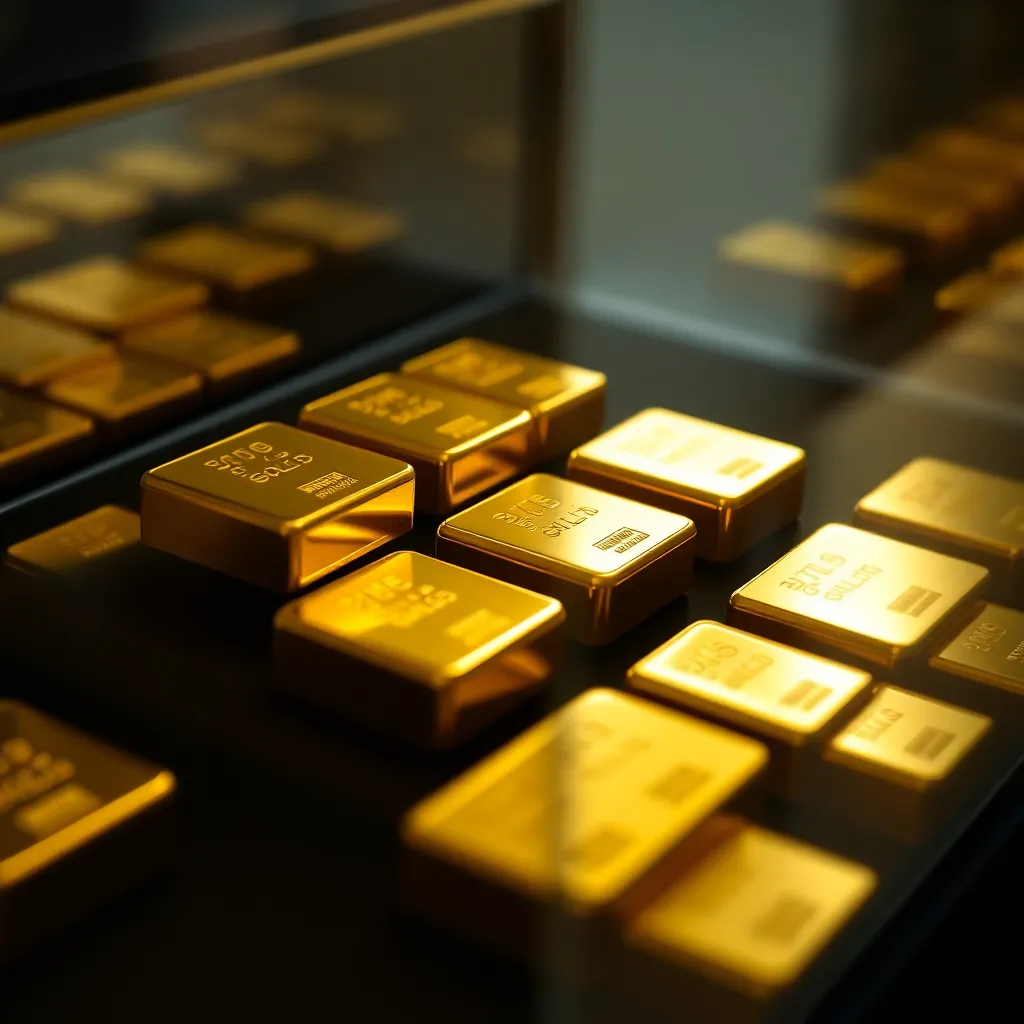 Gold bars neatly arranged in a secure display case