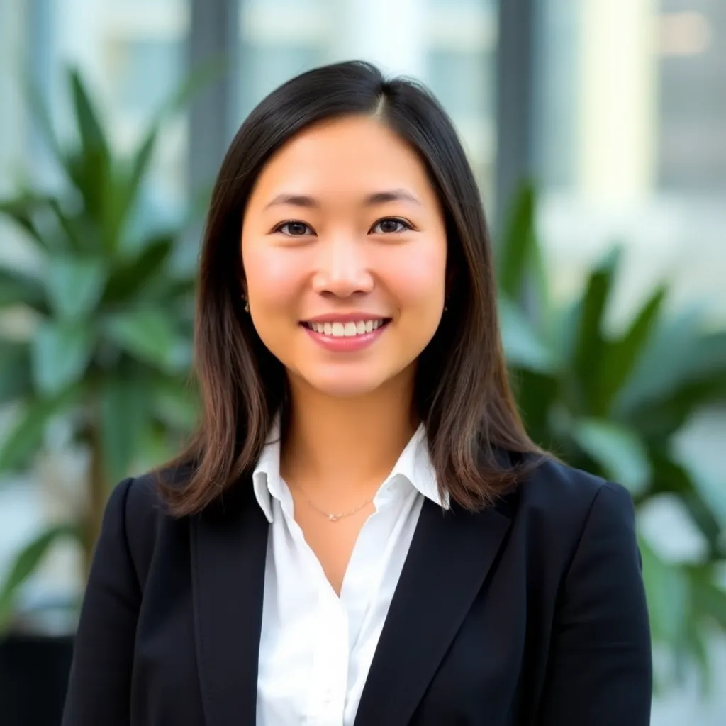Portrait of Sarah Chen, CEO of tech startup wearing business attire